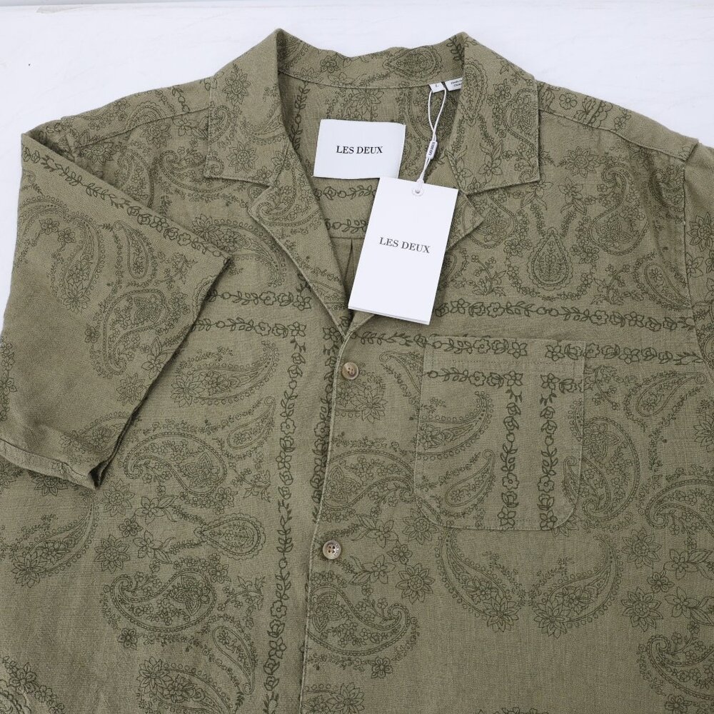 NWT Les Deux Shirt mens large Paisley Short Sleeve Button up Ramie Cotton camp